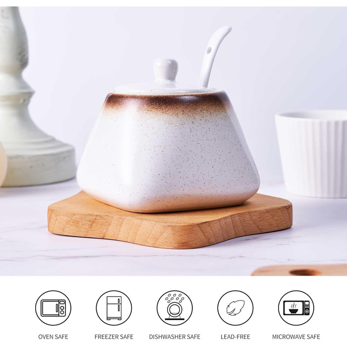 Керамічна цукерниця з ложкою, 430 мл, біла - для кухні, дому, кав'ярні