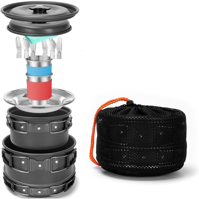 Набір посуду для кемпінгу: туристичний посуд, набір каструль та сковорідок з алюмінію на 2-3 особи для кемпінгу, пікніків та походів