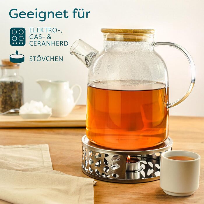 Чайник зі скла 1,5 літра з дерев'яним кришкою та фільтром - для гарячих та холодних напоїв - придатний для миття в посудомийній машині - стійкий до холоду та тепла - ідеальний для літа та зими