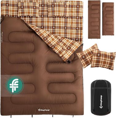 Спальний мішок KingCamp для 2 осіб з фланелі, зимовий, теплий, 3-4 сезони, з 2 подушками, для кемпінгу, подорожей та активного відпочинку на природі