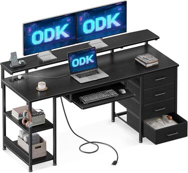 Стіл письмовий ODK з 4 шухлядами, комп'ютерний стіл з 2 розетками та 2 USB-портами, ігровий стіл з полицею та висувною полицею для клавіатури, для офісу і вітальні, чорний, 140x52x92 см