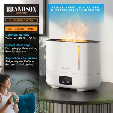 Зволожувач повітря Brandson з ефектом полум'я, керуванням від пульта, тихий, ультразвуковий, 4 режими туману, резервуар 3 літри, відсік для аромамасел, LED-підсвітка, для офісу, вітальні, спальні