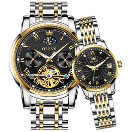 Набір автоматичних механічних годинників для пари OLEVS: чоловічий та жіночий, з календарем та фазами місяця, двоколірні