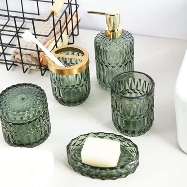 Bathroom Set, 5-Piece Glass Bathroom Accessory Sets including Lotion Dispenser, Soap Dish, Toothbrush Holder, Cup, Cotton Swabs, Modern Bathroom Decoration, Vintage Gift, Bathroom Decor Set (Green)