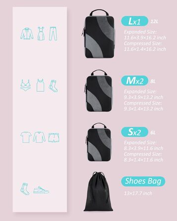 Органайзери для валізи BAGSMART компресійні, набір 6 шт., чорні - ідеальний органайзер для подорожей та ручної поклажі