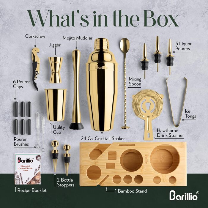 Набір для коктейлів Barillio Elite, 23 шт., з бамбуковим підставкою, чорний, нержавіюча сталь