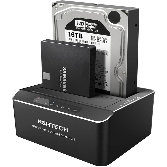 Док-станція для жорстких дисків RSHTECH Dualschacht, USB 3.0, алюміній, підтримка 2.5/3.5 SATA HDD/SSD, 2 x 16TB, Offline-Klonування, RSH-DS01