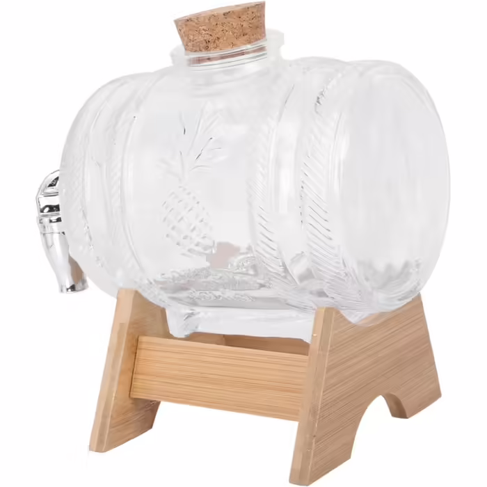1-liter glass bottle, wine barrel, carafe, sealed beverage barrel, drink container for parties, alcohol drink container, drinking barrel, glass drink dispenser, wooden barrel.