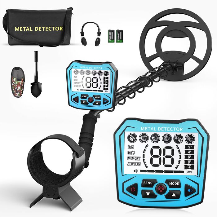 Металодетектор високоточний, регульована довжина 113-141 см, 5 режимів, акумуляторний професійний з LCD-екраном, водонепроникна котушка IP68, для дорослих та дітей, блакитний