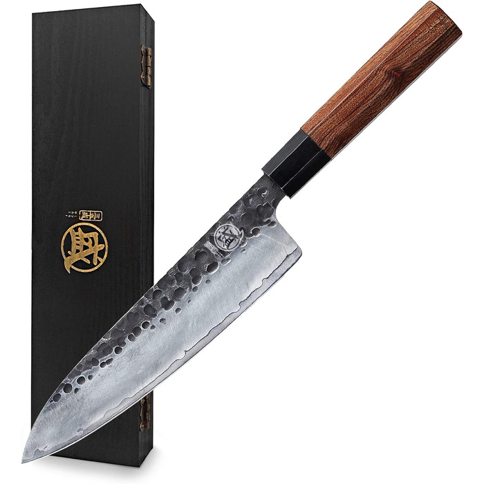 Японський кухонний ніж Mitsumoto Sakari Gyuto 22 см, ручне кування, високовуглецева сталь, дерев'яна ручка, подарункова коробка