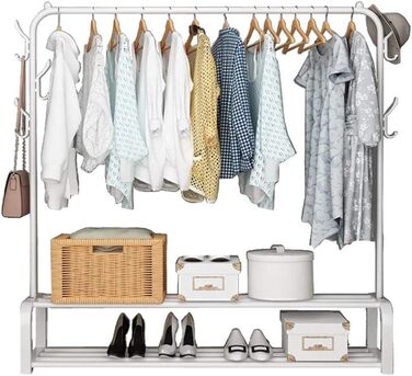 Clothes Rack Coat Rack Freestanding Clothes Rack Garment Rack Multifunctional with Top Bar, Bottom Shelf and 6 Hooks (White)