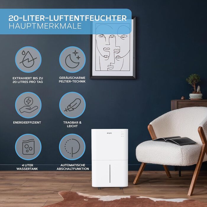 Електричний осушувач повітря Air Pro 20L - портативний, для спальні, підвалу, гаража, кухні. З таймером та режимом сну. Білий