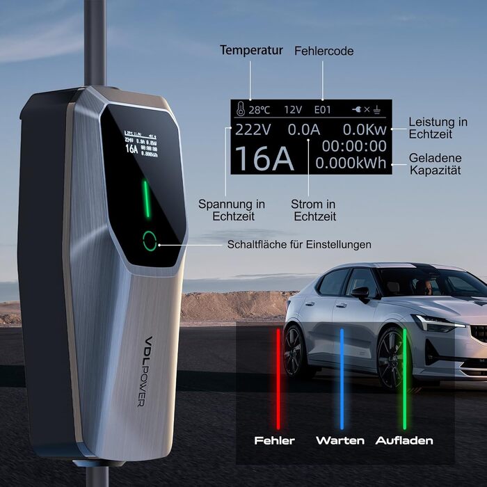 Кабель для зарядки електромобіля Type 2, 3.6KW, 6A-16A, LED-дисплей, 8м, IP65, IEC 62196-2, EU-Schuko