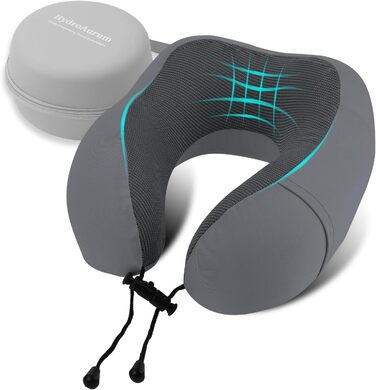 Подушка для шиї HydroAurum, подушка для подорожей, подушка для шиї з піною з пам'яті для літака, ергономічна підтримка шиї, 360° комфорт для літака, авто та поїзда, портативна U-подібна подушка з пральною наволочкою та темно-сірий колір, піна з пам'яті
