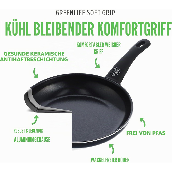 Набір посуду GreenLife Soft Grip з керамічним антипригарним покриттям, 16 предметів (сковорода, сотейник, каструлі), без PFAS, підходить для посудомийки та духовки, чорний