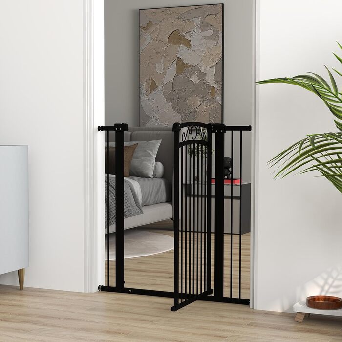 PawHut Бар'єр для собак, ворота з регульованою шириною 76-104 см, захисний ґрат для собак з 2 розширеннями, подвійний замок та маленькі дверцята для сходів та дверей, білий