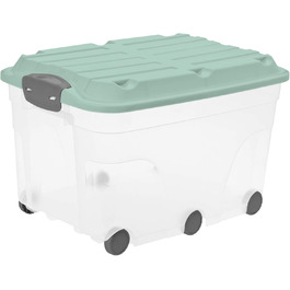 Rotho Roller 6 Storage Box 2-Piece Set, 57L with Lid and Wheels, Plastic (1 x 57L, Transparent/Turquoise)