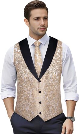Костюм чоловічий DiBanGu 7-частинний: жакардовий піджак, краватка, жилет, сорочка з коміром, для весілля, свят, урочистих подій. Кольори: золото, чорний, шампань, срібло (XL)