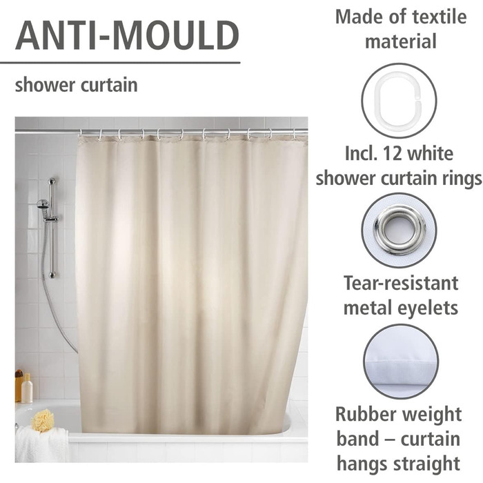 Штора для душу WENKO Anti-Schimmel, текстильна, антигрибкова, водонепроникна, з кільцями, 180x200 см, бежева