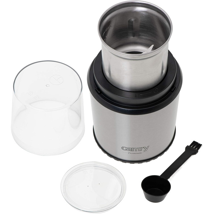 CAMRY CR 4444 Coffee Grinder with Safety Lid, 75g Capacity, 400W, Stainless Steel Housing, Safe Electric Grinder with Spoon, Electric Propeller Grinder with Transparent Lid, Silver