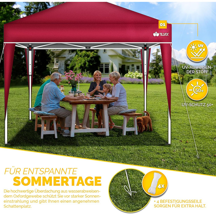 Gazebo Waterproof | Pop-Up Folding Gazebo Adjustable Height | Garden Tent UV Protection 50+ | Party Tent with Bag for Garden (3x3m, Red)