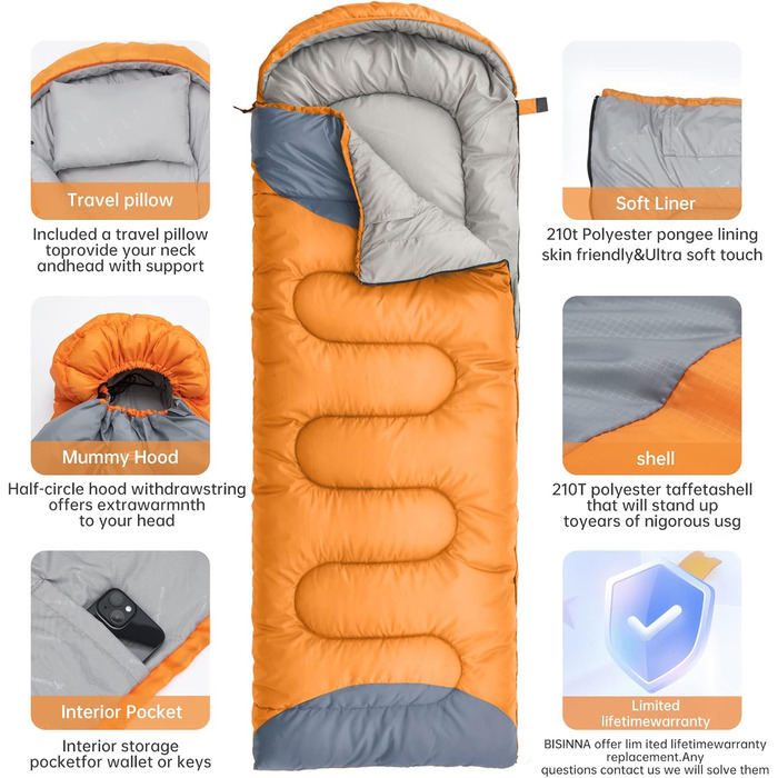Сплячий мішок BISINNA 4 сезони, 1.9 кг, водонепроникний, для дорослих, кемпінг, туризм, поход