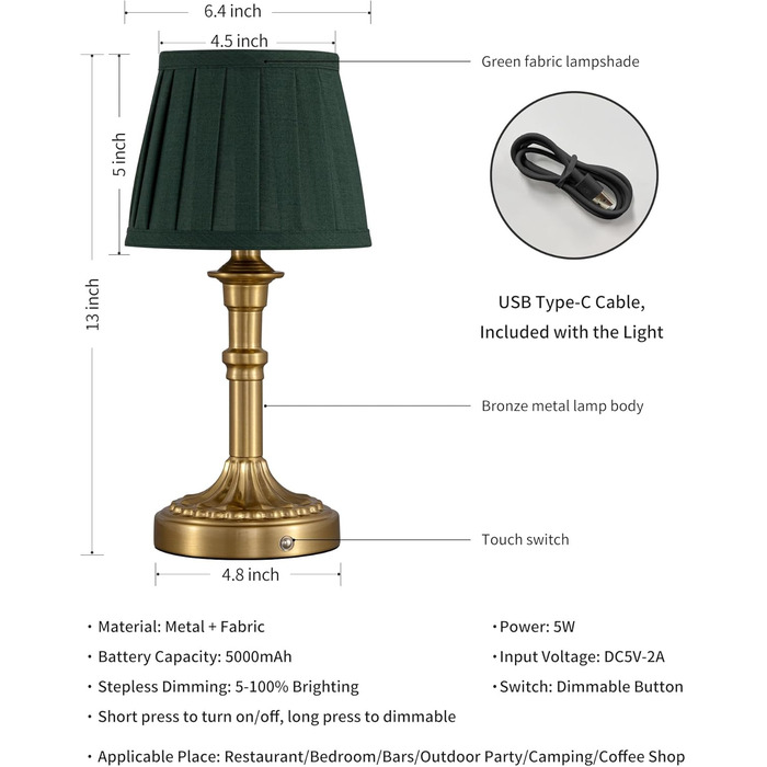 Настільна LED лампа бездротова з акумулятором, димування, сенсорна, бронзова (2 шт) для вітальні, спальні, ванної