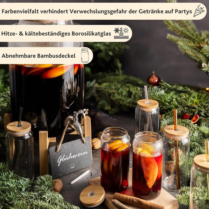 Singer | Punch Bowl Set with Glass Straws and Glasses, Punch Bowl Bowl with Wooden Lid, Drink Dispenser with Tap incl. 6 Glasses, Drink Dispenser for Mulled Wine and Punch, 7.8 Liter Glass Container