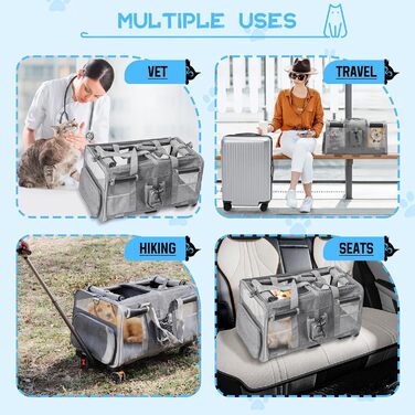 Велика переноска для тварин з двома відділеннями та колесами для кота/собаки, знімна та складана переноска для 2 котів до 20 кг, вентильована переноска-рюкзак для котів для подорожей/походів/кемпінгу