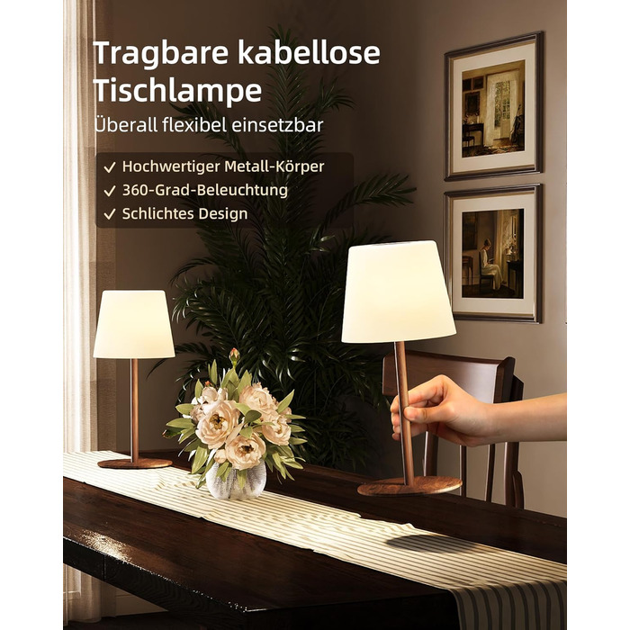 Світлодіодні настільні лампи EZVALO бездротові, 2 шт., IP65, USB-C, димування, 3 режими кольору, для дому та кемпінгу (дерев'яний колір)