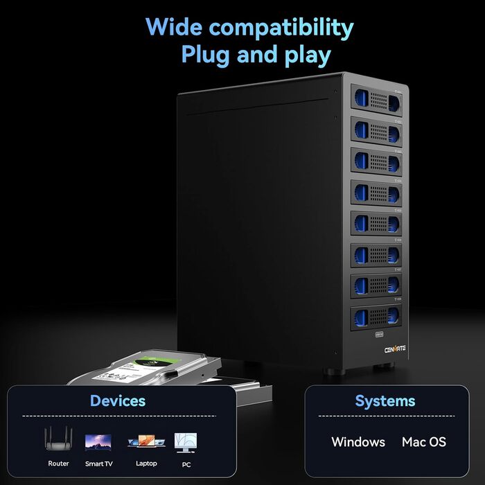 Корпус для жорстких дисків CENMATE з 8 відсіками (2.5'/3.5') SATA HDD/SSD, USB 3.0, Daisy Chain, DAS