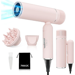 Фен 7MAGIC з концентратором, компактний для подорожей, 1600W, іонізація 300 млн., захист від перегріву, для всіх типів волосся, зелений (рожеві насадки)