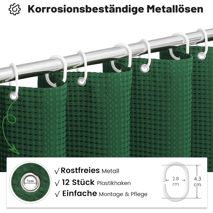 Шторка для душу BTTN, вафельна тканина, 180x200 см, антигрибкова, важка, водонепроникна, з 12 гачками, зелена