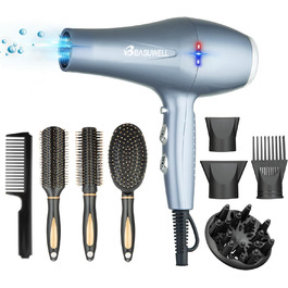 Фен Basuwell Ionen Pro 2100W з дифузором: 3 режими, 2 швидкості, інфрачервовий, AC-двигун (срібний)