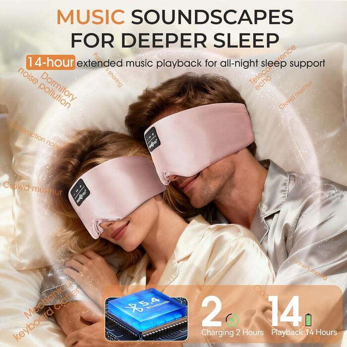Маска для сну Bluetooth Musicozy з шовку (рожева): 3D маска з навушниками, повна темрява, для чутливих вух та очей, 14 годин автономії
