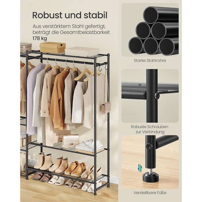 SONGMICS Стійка для одягу, відкритий шафа, вішалка для одягу з 10 полицями, 3 перекладинами, 4 гачками, металевий каркас, для спальні, вітальні, передпокою, чорний LGR011BZ01 206,4B см