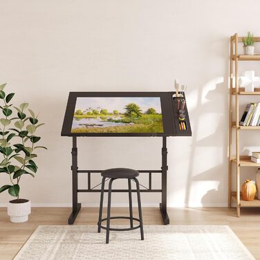 Adjustable Drafting Table with Tilting Surface (0-60°) - Height Adjustable Art Table with Stool and Storage for Home & Office - Black Wood Finish