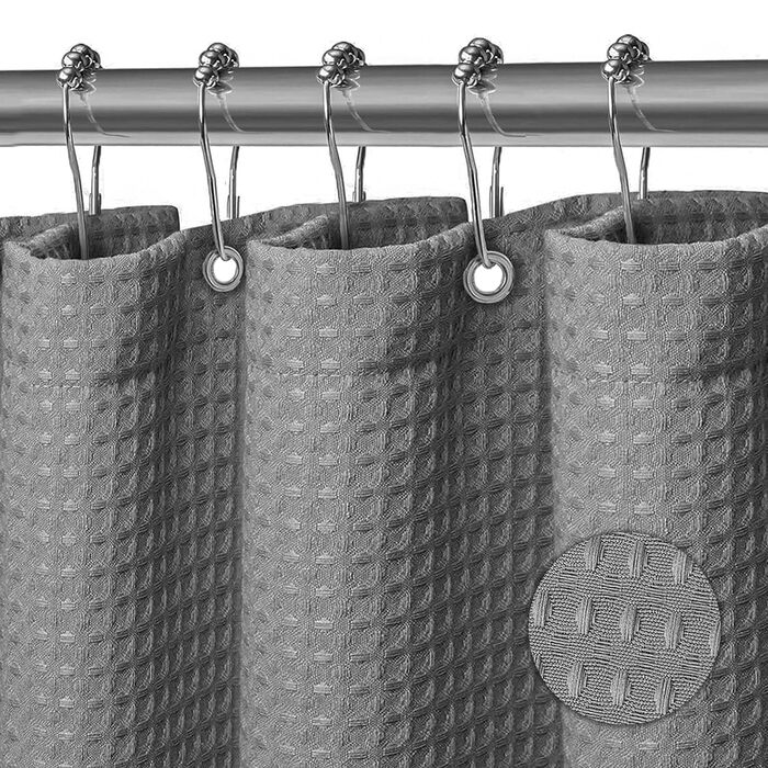 Штора для душу миюча текстильна поліестер 180x200 см, сіра, з кільцями (12 шт.) - Водонепроникна штора у ванну
