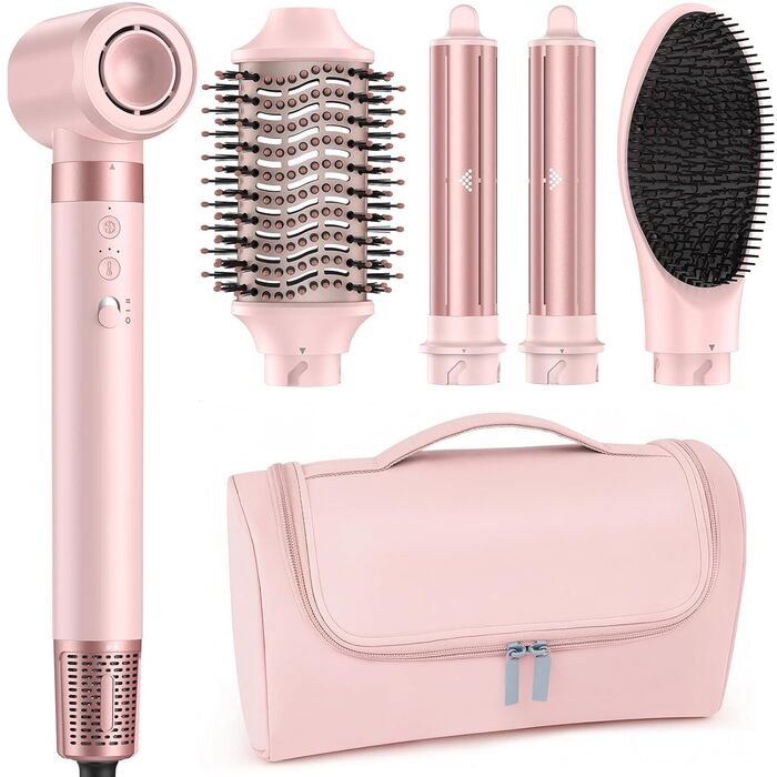 MESCOMB Airstyler 5-в-1: Іонний фен та мультистайлер для волосся з насадками. Швидке сушіння, локони, об'єм, випрямлення. Без пошкодження волосся. З дорожньою сумкою. Рожевий колір