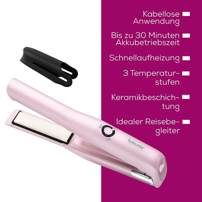 Випрямляч для волосся Beurer HS 20 Akku з USB-зарядкою, рожевий, для подорожей, 3 температурні режими, швидкий нагрів