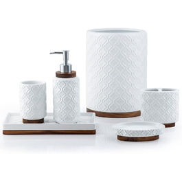 Набір аксесуарів для ванної кімнати RQYIXI, 6 предметів: тримач для зубних щіток, дозатор мила, відро, піднос, чашка, мильниця, кераміка, дерево, теплий білий колір