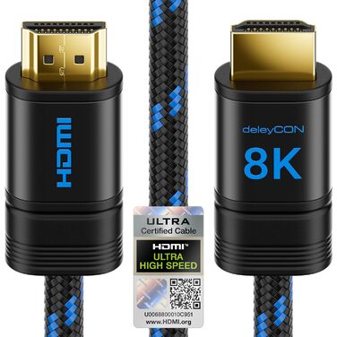 HDMI 2.1b кабель DeleyCON 1.5м (8K, 48G) – сертифікований, 8K@60Hz, 4K@120Hz, eARC, HDCP 2.3, DTS:X, Dolby Atmos, для TV, PS5, Xbox, Soundbar, Monitor, Gaming