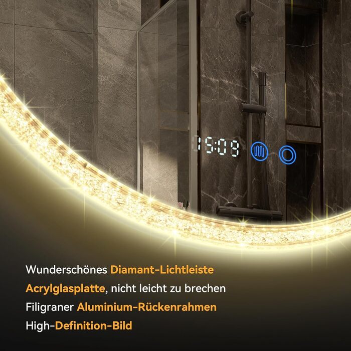 Дзеркало для ванної кімнати YOURLITE з підсвічуванням, 60 см, LED, сенсорне керування, 3 кольори, регулювання яскравості, протизапітніння, функція пам'яті, годинник, білий (сріблястий)