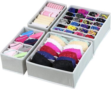 Styleys Set of 4 Foldable Storage Boxes, Drawer Dividers, Odorless Interior Lining, Storage Boxes, Closet Organizer, Under-Bed Organizer for Clothes, Shoes, Underwear, Bras (Gray - S1014)