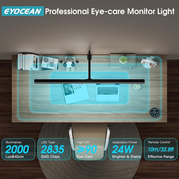LED лампа настільна EYOCEAN з жестами та пультом, 24W, 80см, для офісу, читання, архітекторів, дизайнерів, чорна
