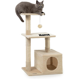 Lionto Scratching Post for Cats with Cave and Plush Ball incl. Bell, Height 85 cm, Cat Tree with Sisal & Plush, Cozy Resting Areas & Cave, Suitable for Small & Large Cats, (Beige (with name tag))