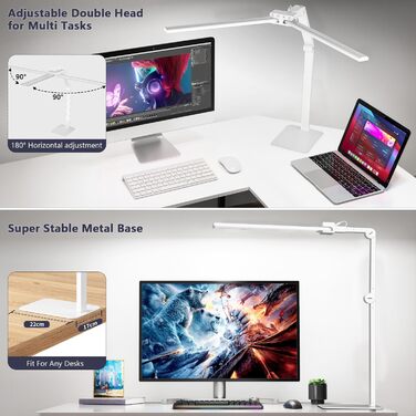 LED настільна лампа KableRika з двома головками: 24W, регулювання яскравості, захист очей, для офісу та дому, сучасне освітлення монітора, білий колір