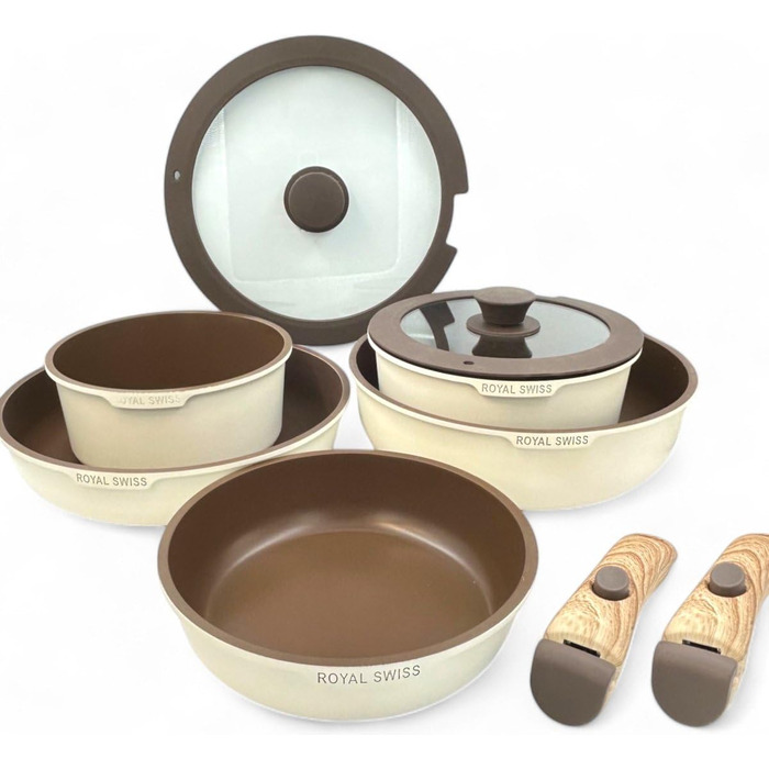 Набір посуду Royal Swiss 9-ти частинний з нержавіючої сталі, індукційний, з 2 ручками, для всіх плит - Бежевий Діамант (без PFOA, PFAS)
