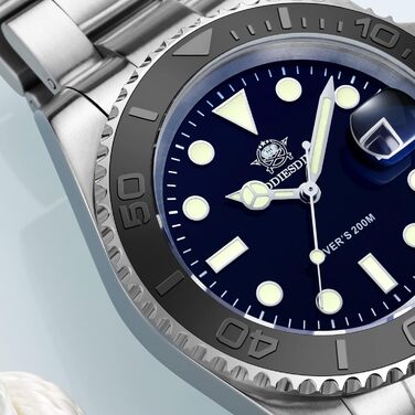 Годинник чоловічий ADDIESDIVE з кварцовим механізмом, аналоговий, водостійкий 20bar, з нержавіючої сталі, великий, зі світловідбиваючим покриттям (морський блакитний)