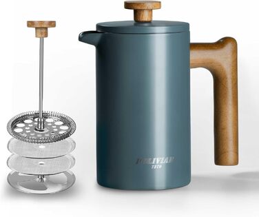 Poliviar French Press Coffee Maker 600 ml/21oz, Double-Walled Insulated Coffee Pot and Teapot, Manual Filter Coffee Press with Plunger & Wooden Handle, JX2024-SFPLN-DE 600ml Green - Cracked